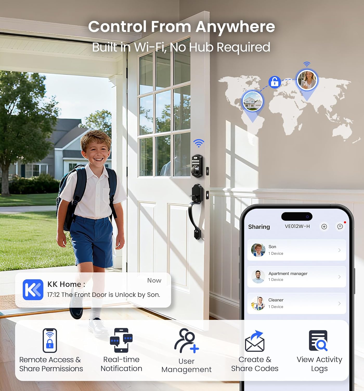 Kid arriving home unlocks door; KK Home app shows real-time alert, user sharing, and activity log, no hub needed