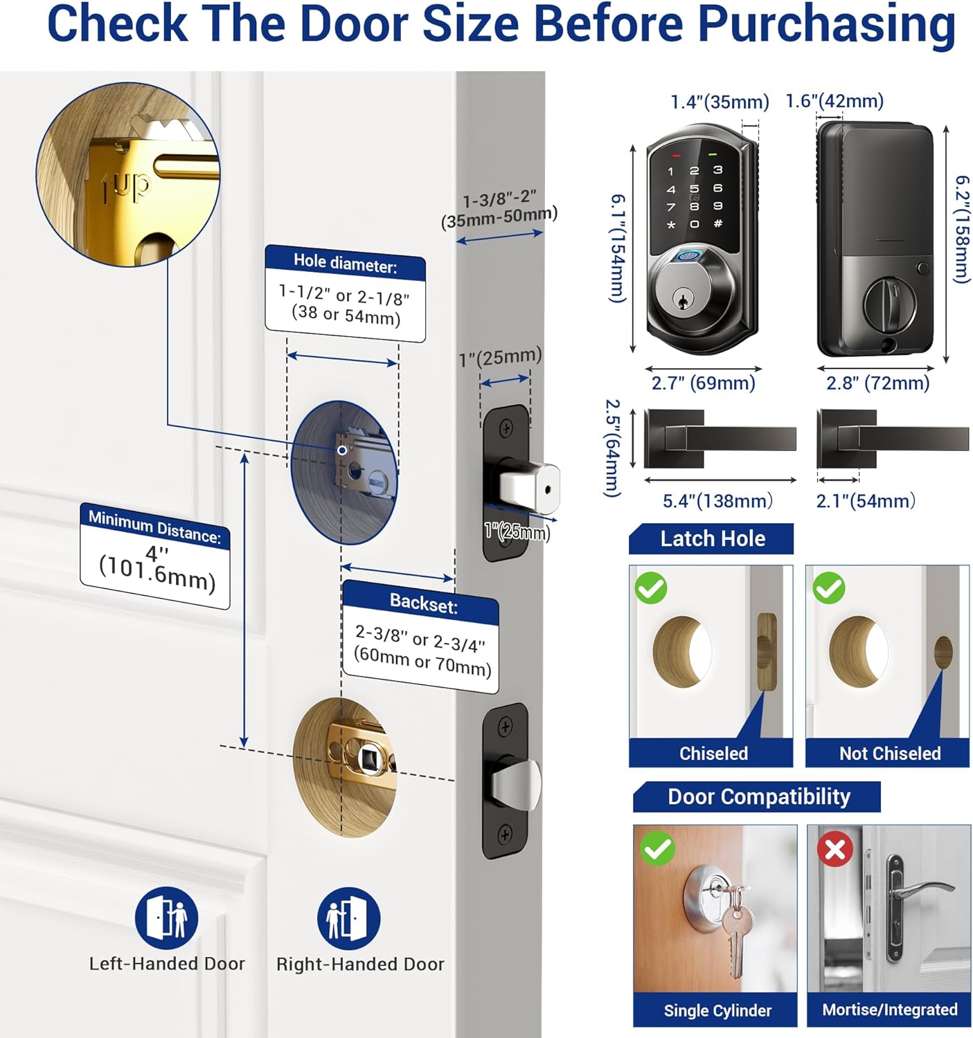 Check door thickness, backset, and hole size before installing — fits left- and right-handed doors