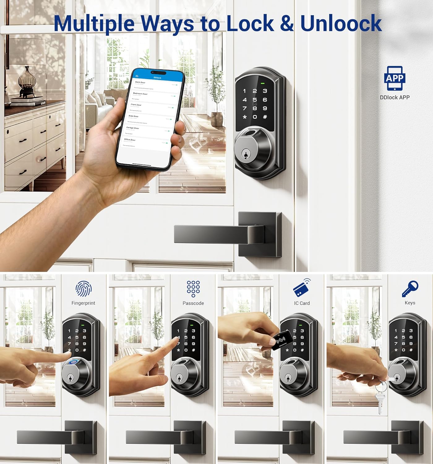 Unlock with the free app, fingerprint, passcode, IC card, or physical key — various ways to enter