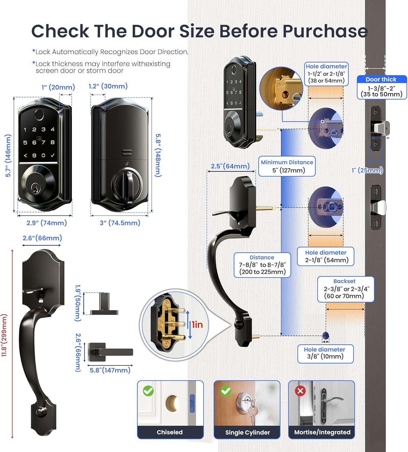 Check The Door Size Before Purchase:
VE017-H fits doors 1-3/8" to 2" thick, backset 2-3/8" or 2-3/4", hole diameter 2-1/8" — compatible with chiseled and single-cylinder, not mortise.