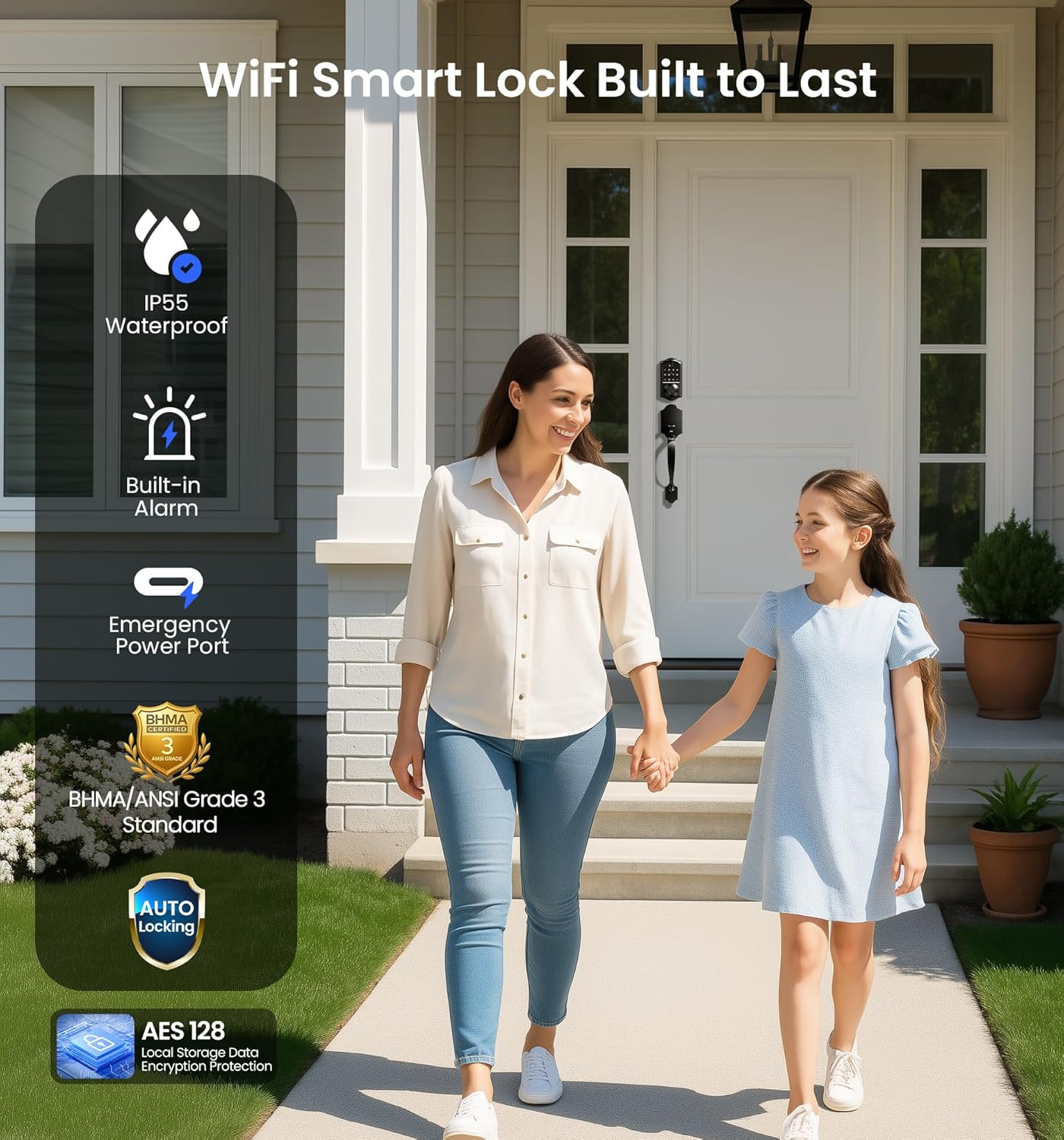 IP55 weatherproof build with built-in alarm, USB-C emergency power, auto lock, and AES-128 local data encryption.