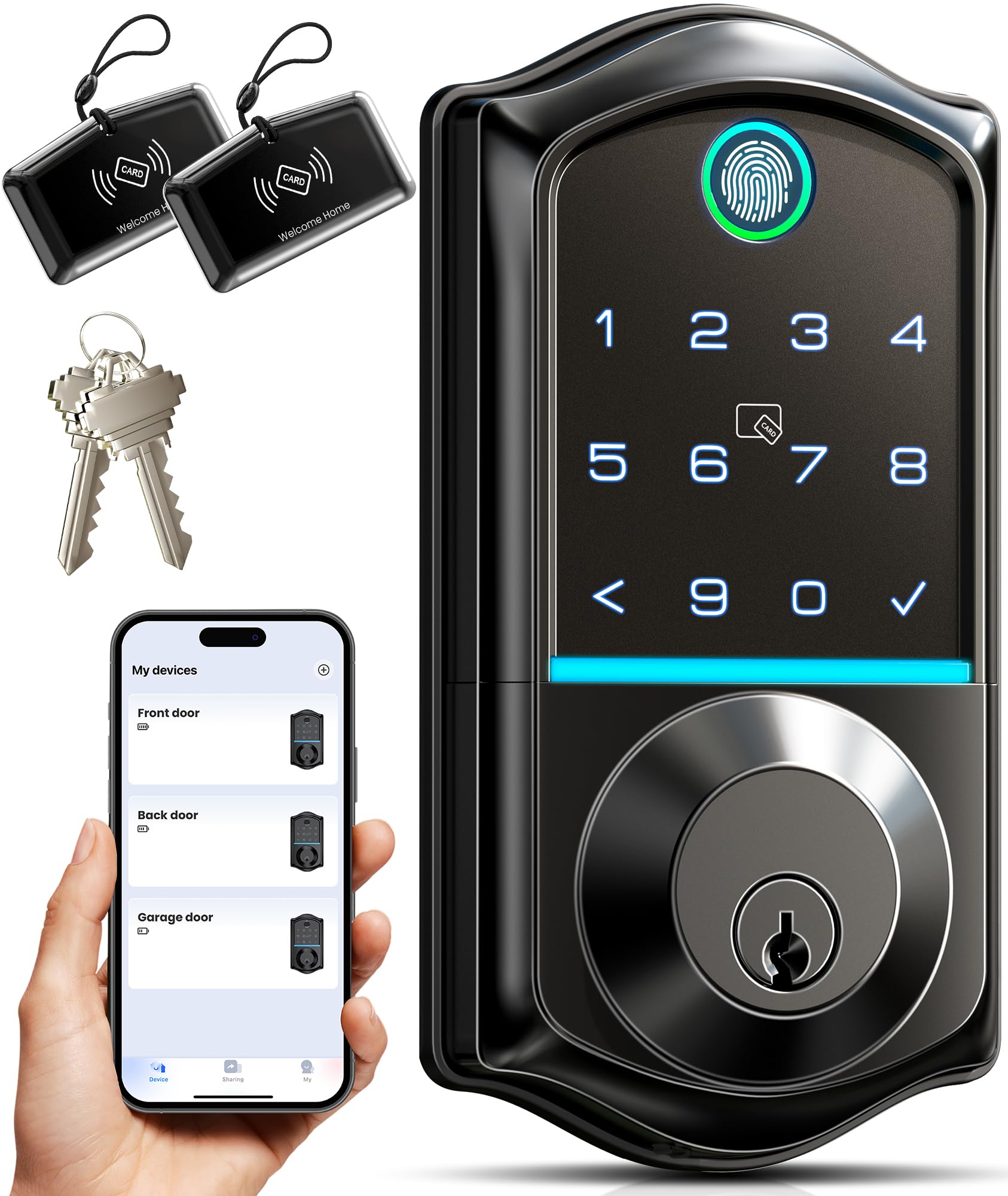 Veise VE017 Smart Lock, Fingerprint Keyless Entry Door Lock with App Control, Electronic Digital Lock with Backlit Touchscreen Keypad, Smart Deadbolt, Biometric Smart Locks for Front Door