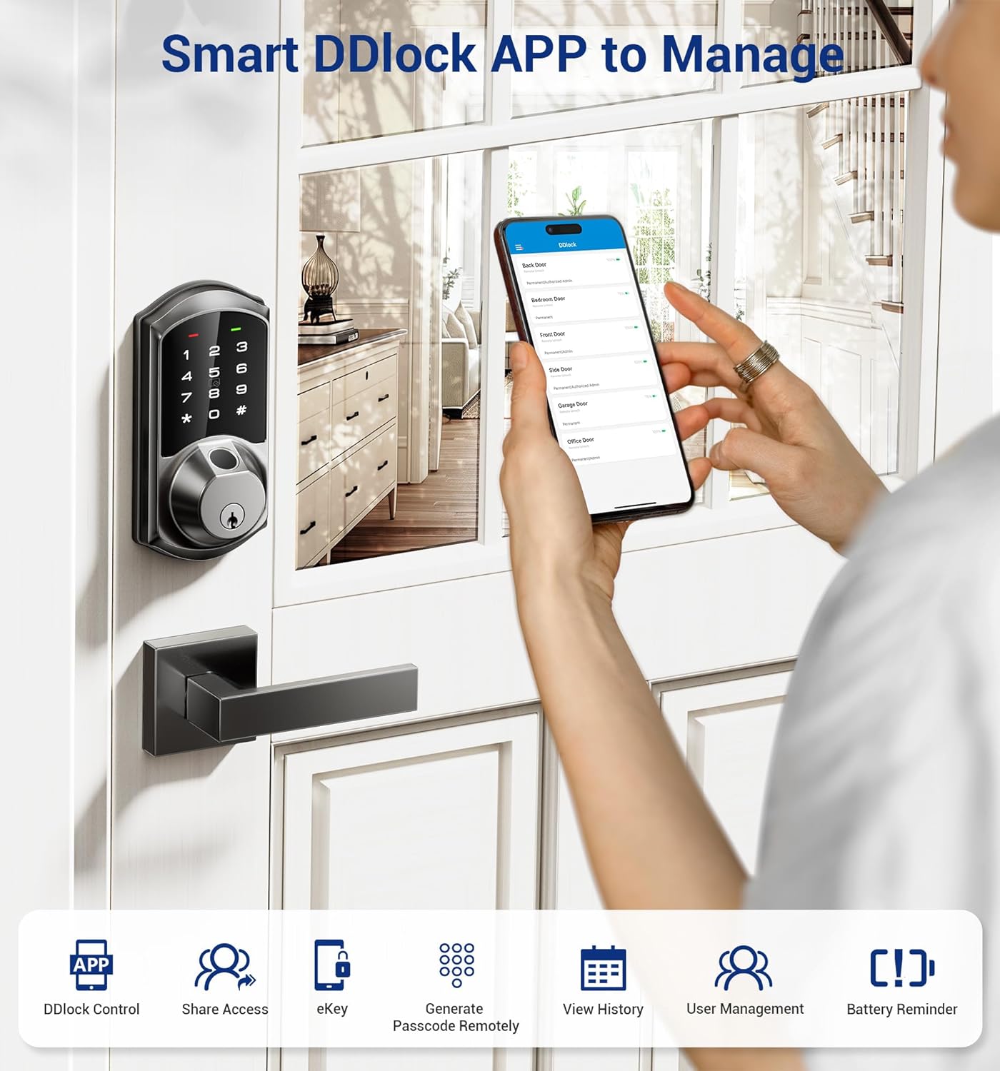 Manage eKeys, passcodes, access history, and user permissions from the free app