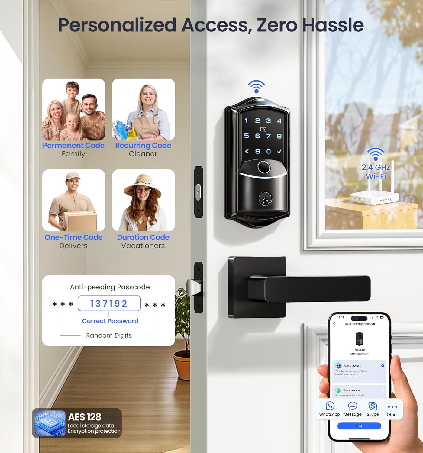 Four code types — permanent, recurring, one-time, duration — plus anti-peep passcode and AES 128 local data encryption.