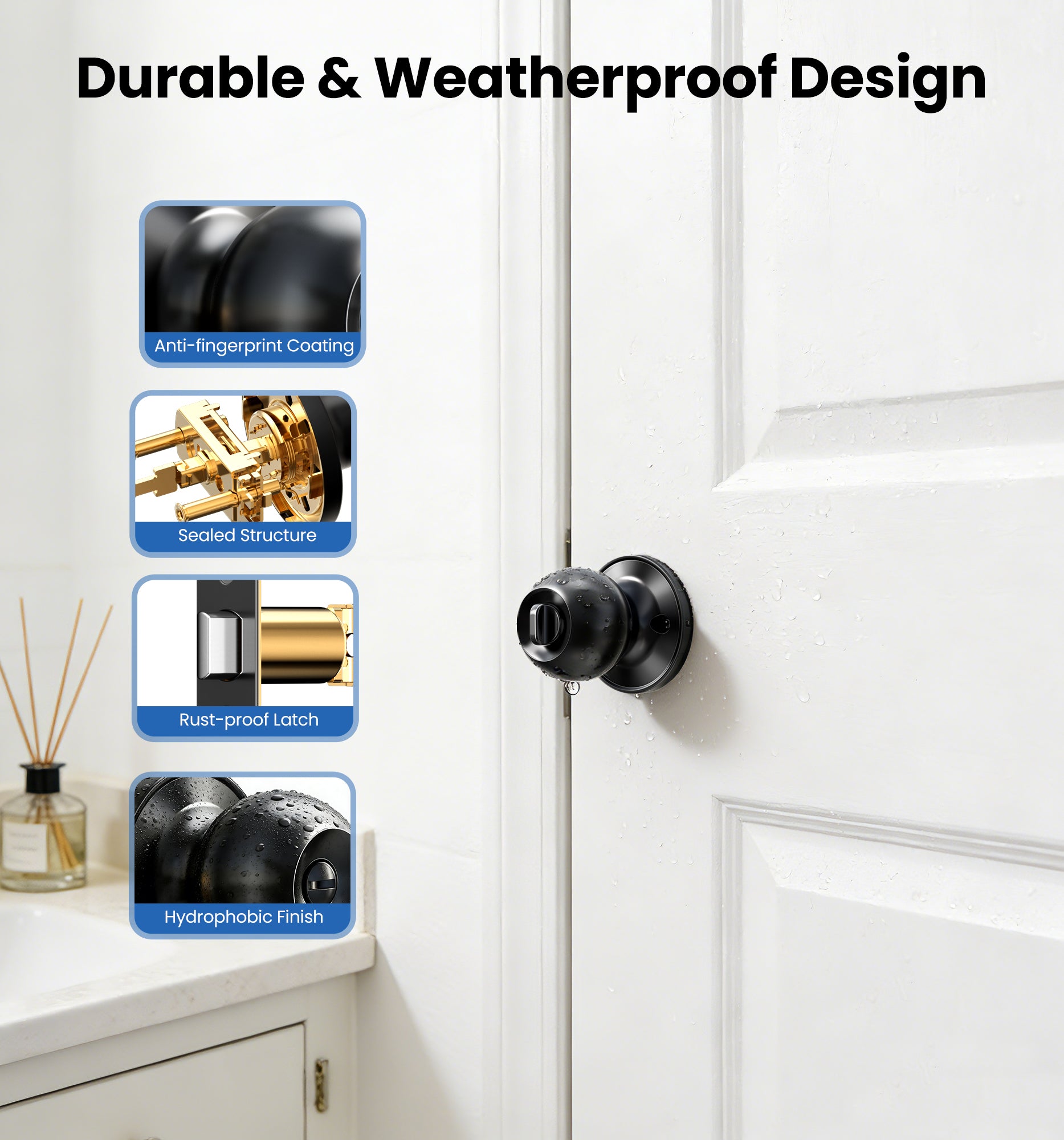 Veise KF02 Privacy Door Knob, Keyless Interior Door Locks for Bedroom & Bathroom