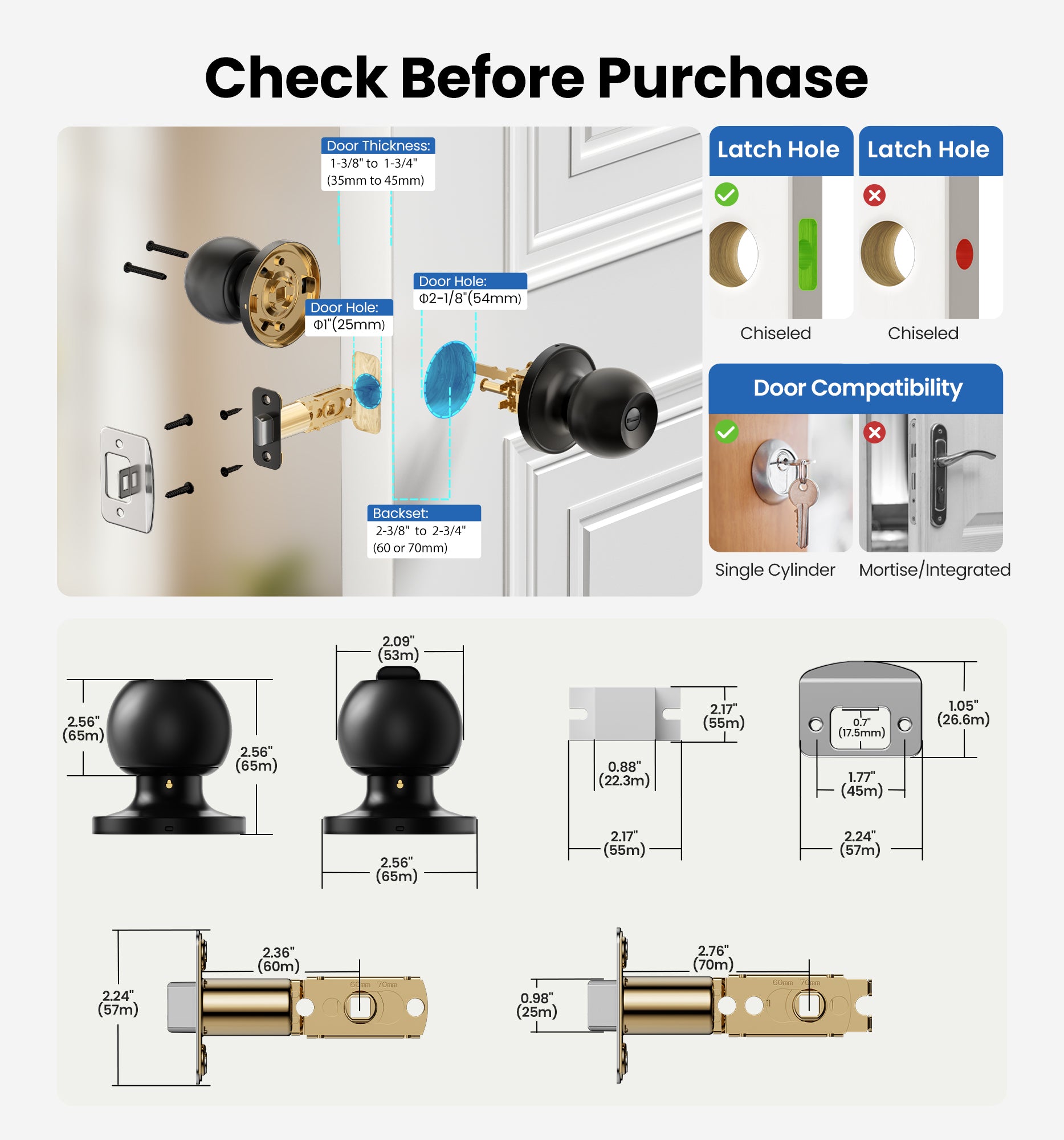 Veise KF02 Privacy Door Knob, Keyless Interior Door Locks for Bedroom & Bathroom