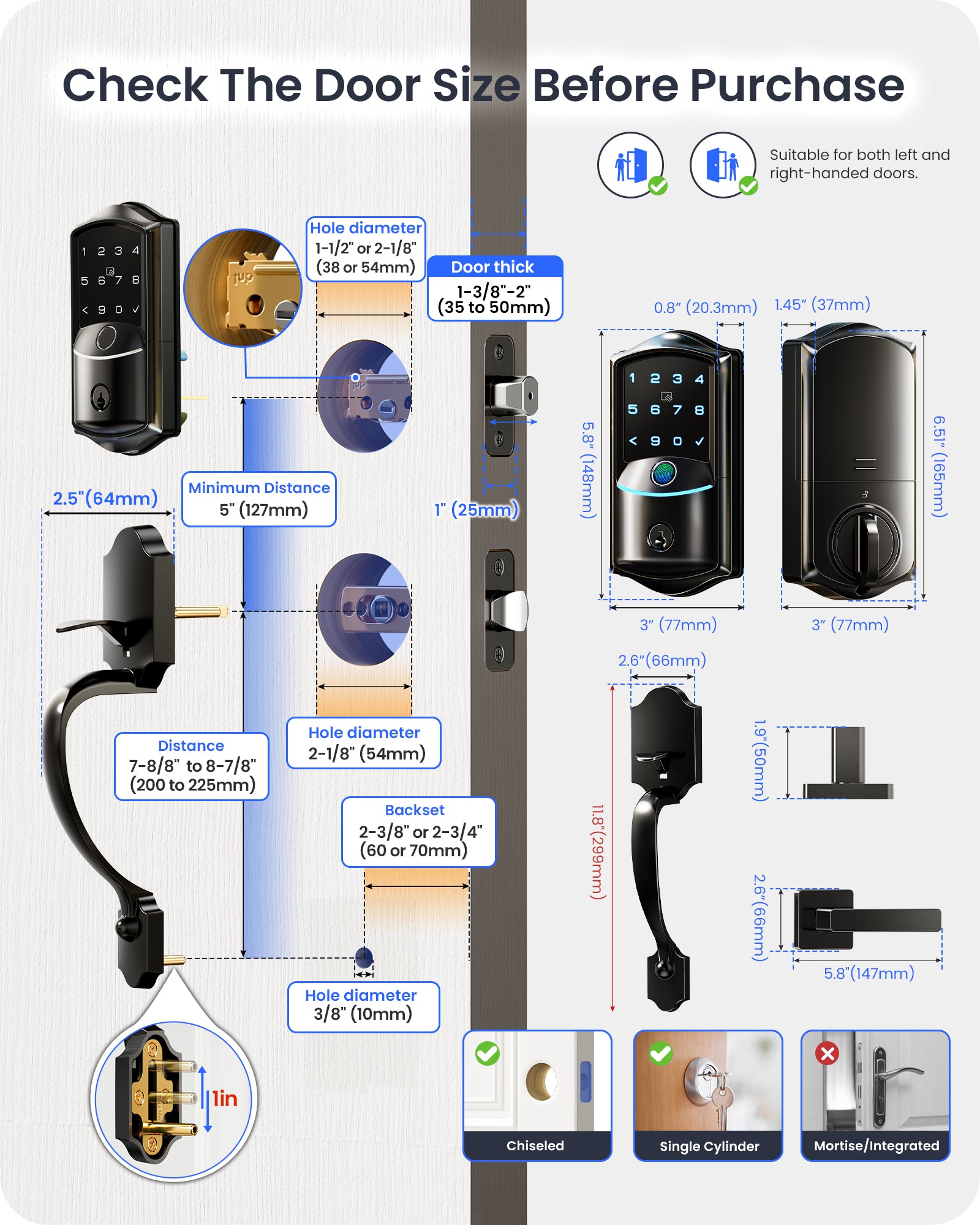 Veise VE027-H Smart Door Lock with Handleset, Built-in Wi-Fi, App Remote Control, Fingerprint Keyless Entry Door Lock, Auto-Lock, Keypad Front Door Lock Set, 240-Day Battery Life, Easy Setup, 2.4GHz