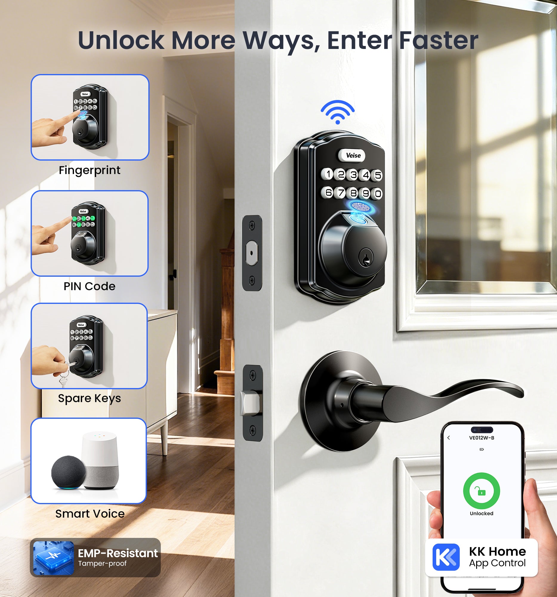 Fingerprint, PIN code, spare keys, voice control, and KK Home app unlock options on Veise VE012W-B