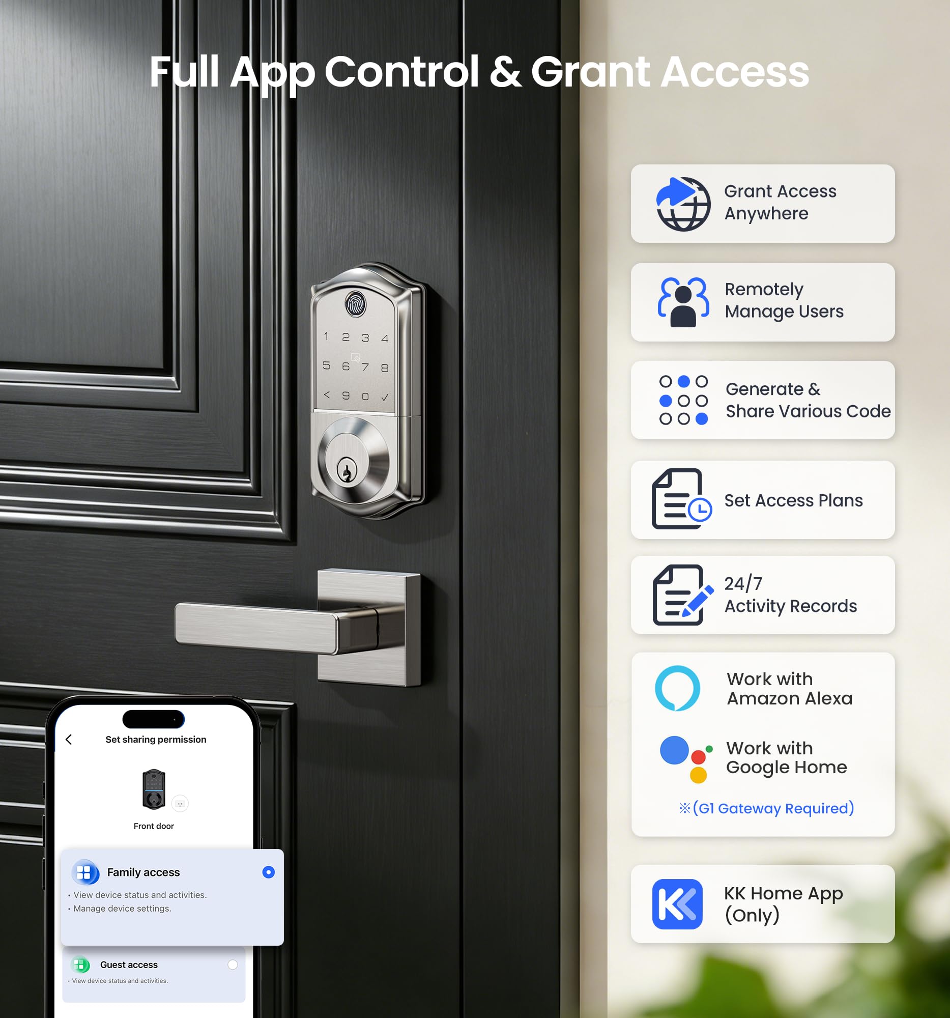 Veise VE017ingerprint Smart Door Lock, Keyless Entry, Electronic Touchscreen Keypad, App Control, Easy Install,-W
