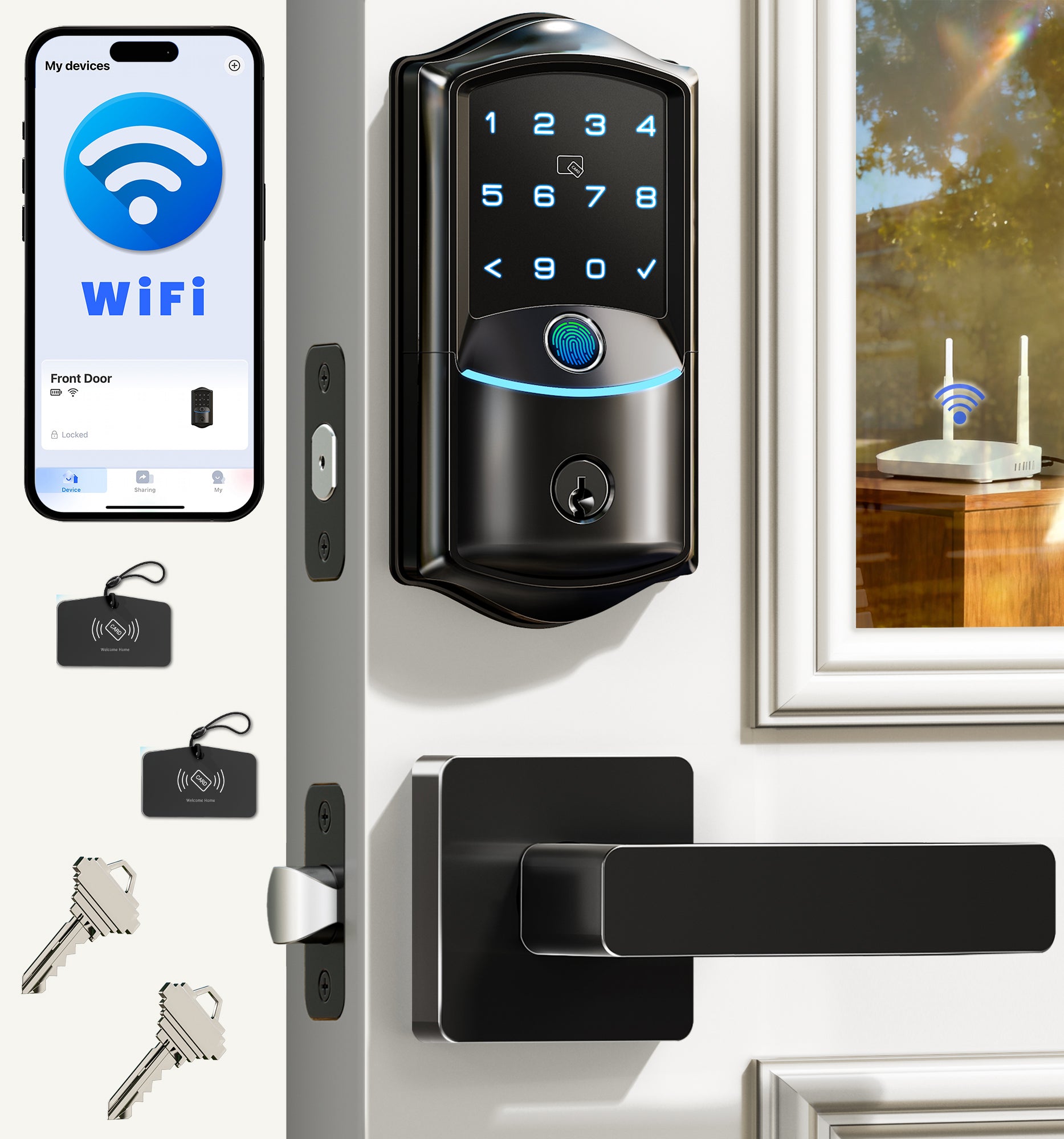 Veise VE027-L Built-in WiFi Smart Door Lock with Lever Handle Set, Fingerprint Keyless Entry with App Remote Control, Touchscreen Backlit Keypad Deadbolt, Auto Locking, Voice Assistant, Matte Black