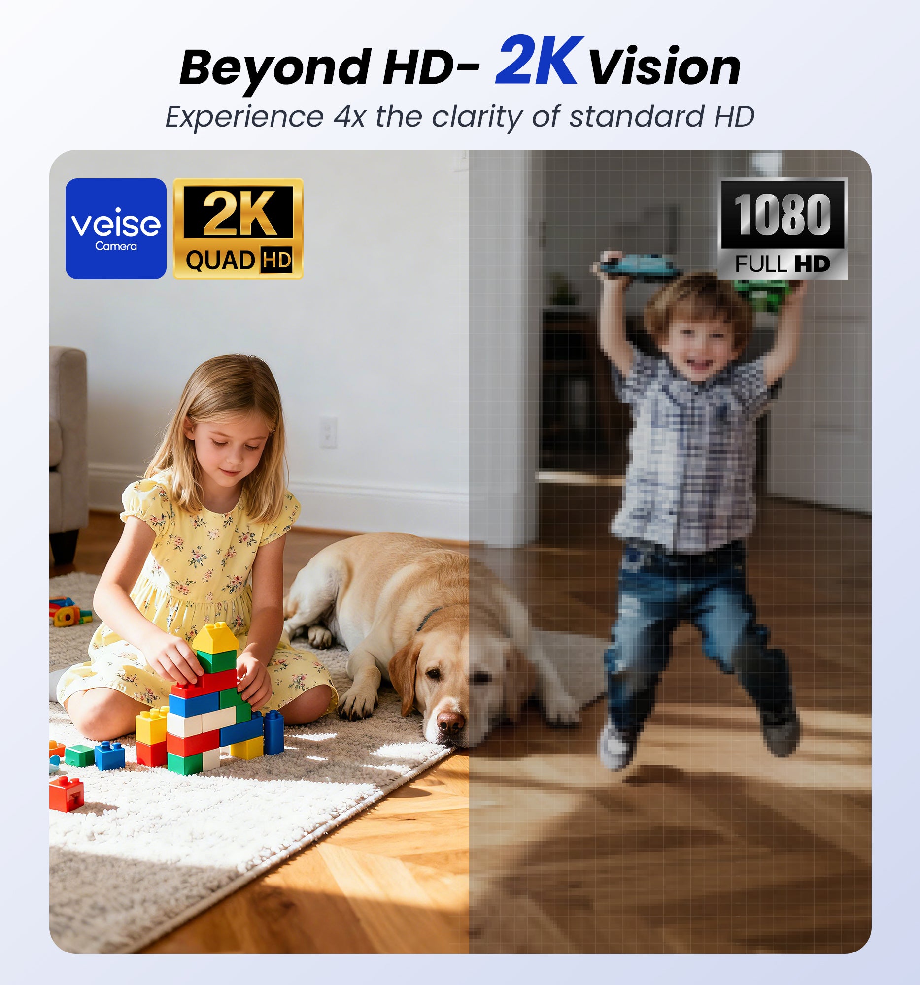 Veise 2K Indoor Security Camera 2.4GHz, 360° Pan/Tilt Pet Camera with Motion Tracking, 2-Way Audio, Night Vision, Cloud/SD Storage, Compatible with Voice Assistant , White