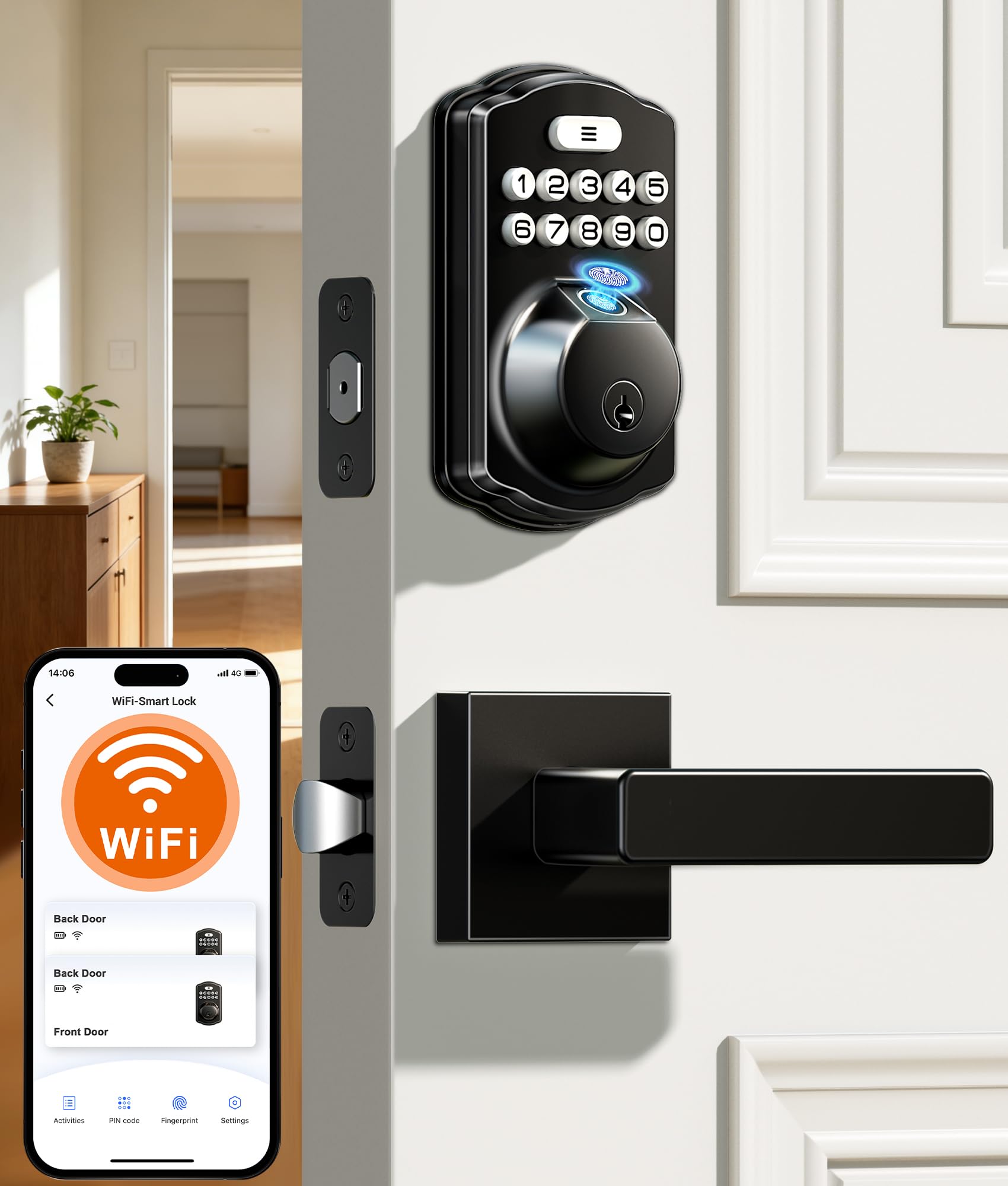 Veise VE012W-L Wi-Fi deadbolt and lever handle set installed on white door, managed via KK Home app