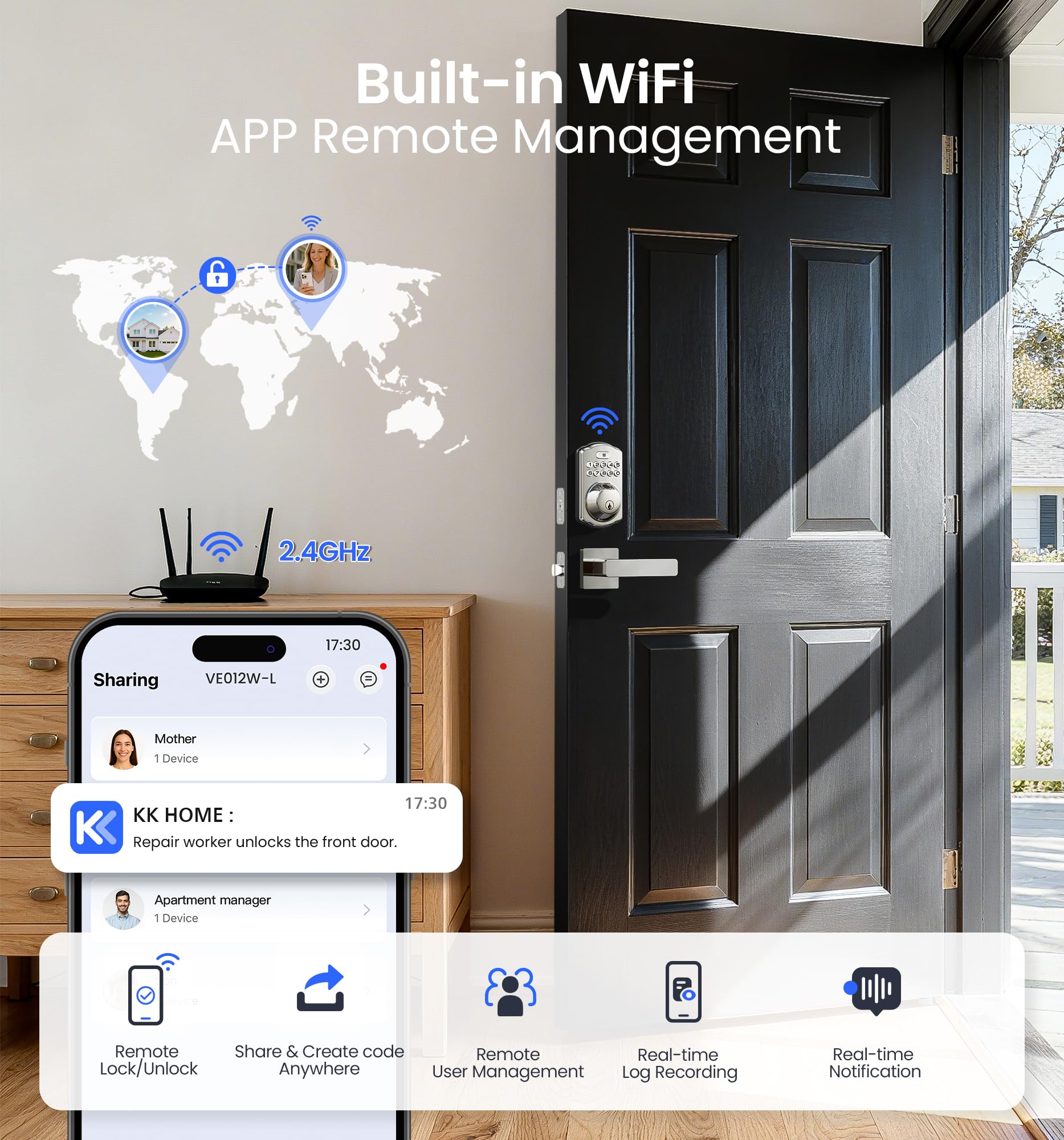 Built-in Wi-Fi connects VE012W-L satin nickel deadbolt directly to KK Home app for remote lock control and user sharing