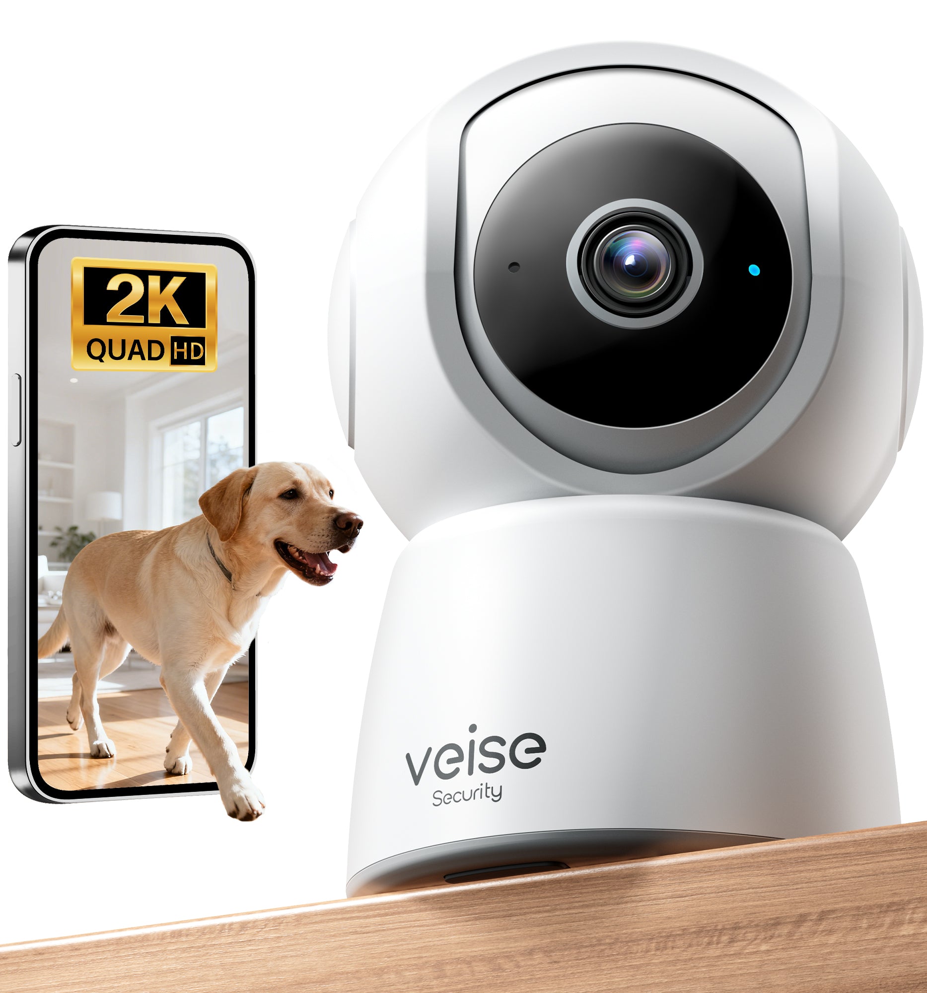Veise 2K Indoor Security Camera 2.4GHz, 360° Pan/Tilt Pet Camera with Motion Tracking, 2-Way Audio, Night Vision, Cloud/SD Storage, Compatible with Voice Assistant , White