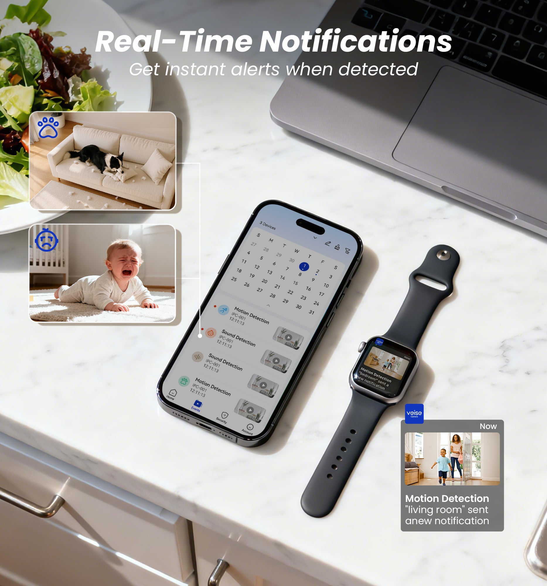 Veise 2K Indoor Security Camera 2.4GHz, 360° Pan/Tilt Pet Camera with Motion Tracking, 2-Way Audio, Night Vision, Cloud/SD Storage, Compatible with Voice Assistant , White