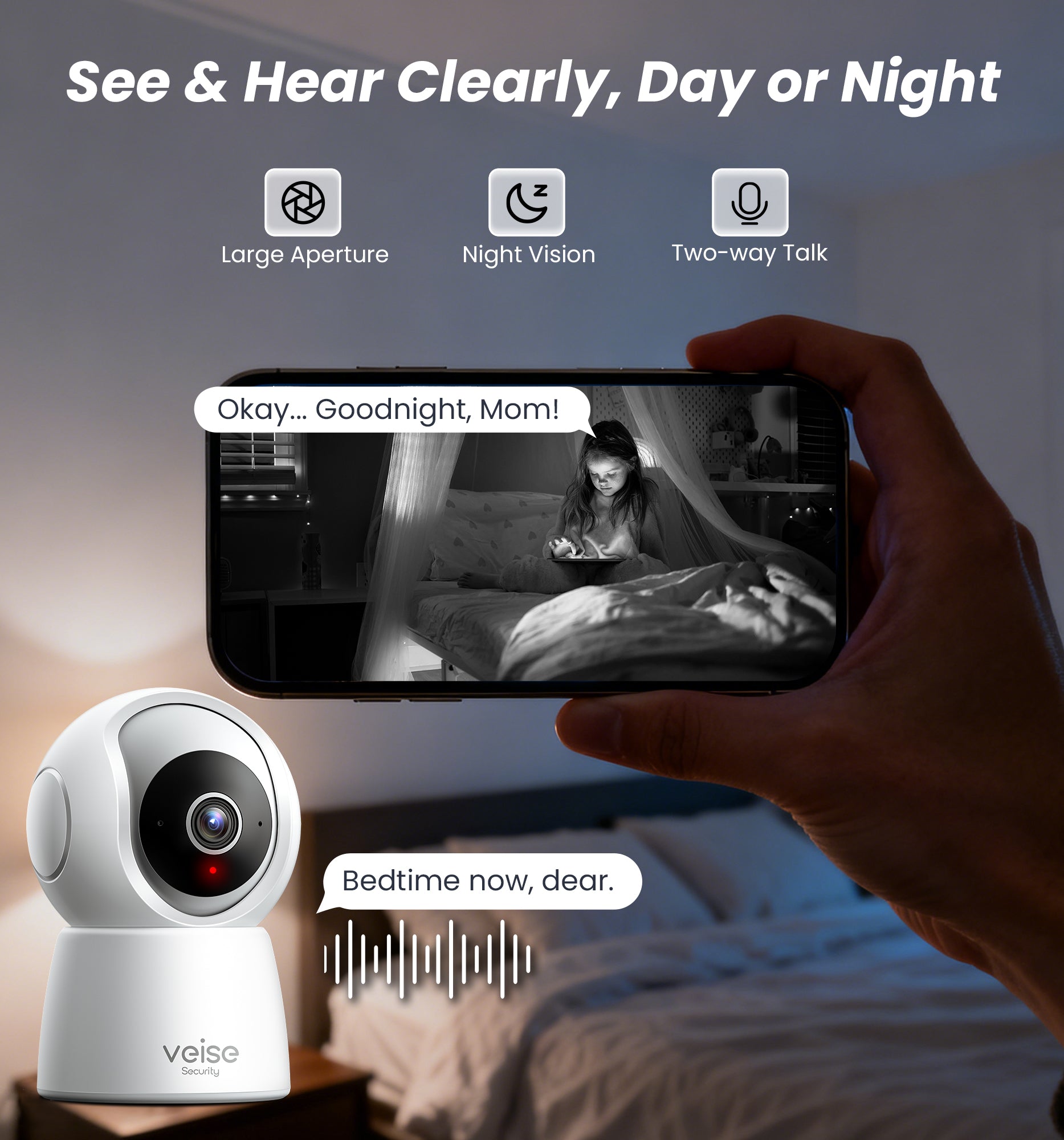 Veise 2K Indoor Security Camera 2.4GHz, 360° Pan/Tilt Pet Camera with Motion Tracking, 2-Way Audio, Night Vision, Cloud/SD Storage, Compatible with Voice Assistant , White
