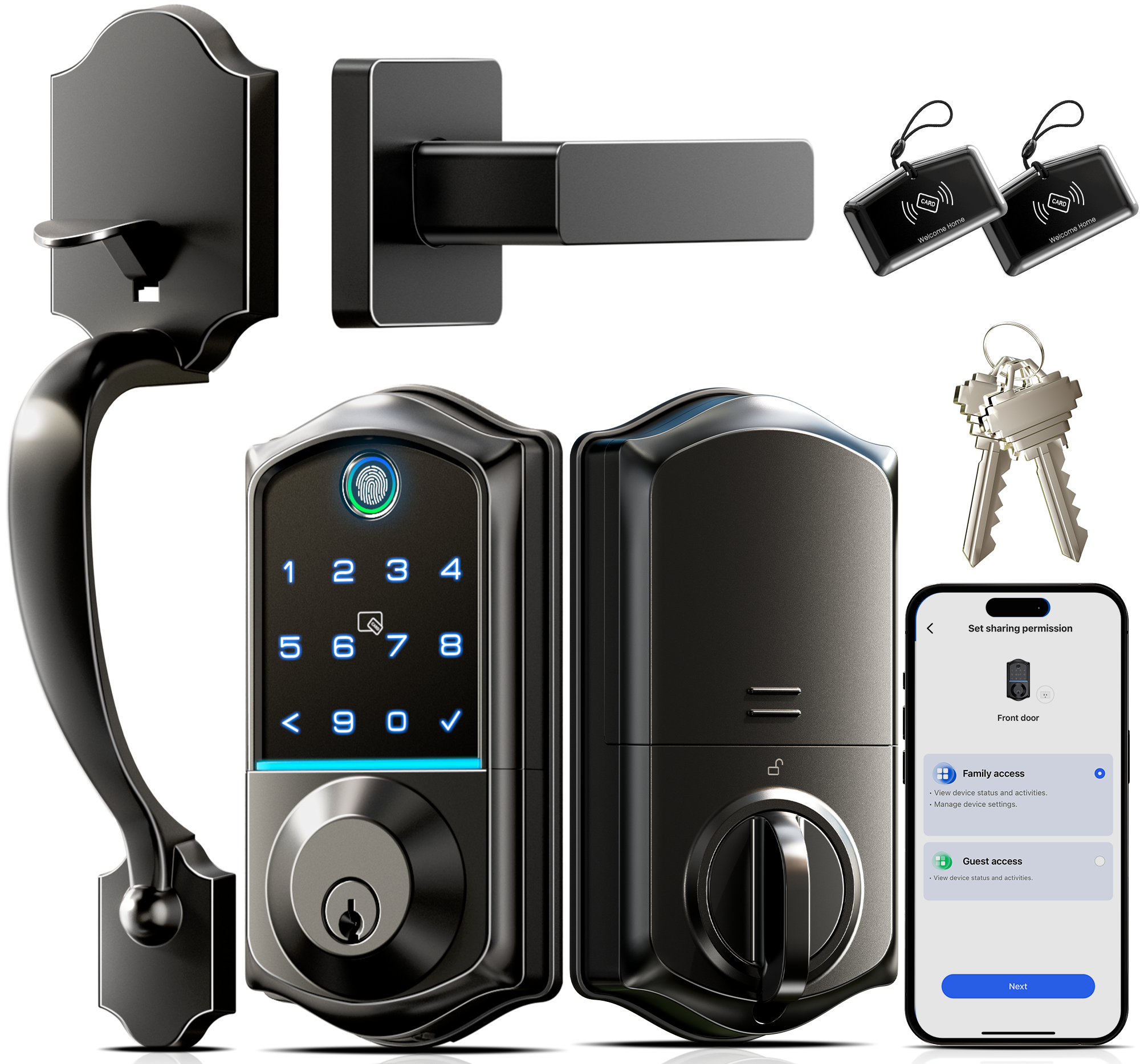 Veise VE017-H Fingerprint Smart Front Door Lock Set, App Control, Keyless Entry Door Lock with Handle, Smart Deadbolt, Emergency Power Port, Digital Touchscreen Keypad, Auto Lock, Easy Install, Matte Black