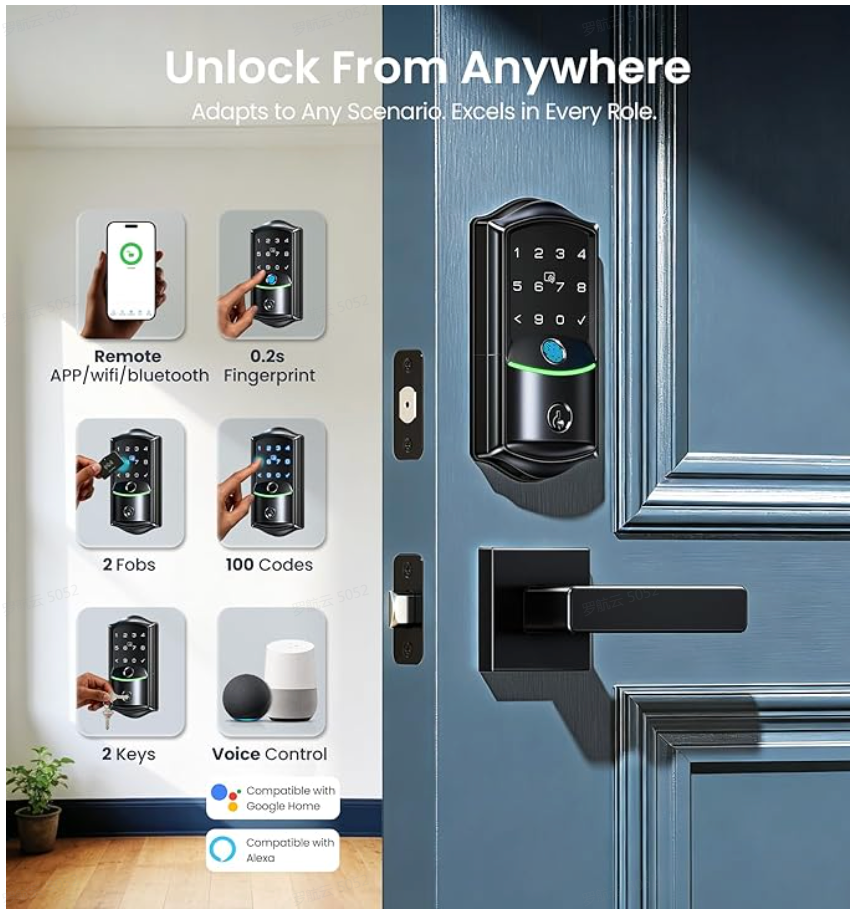 7 unlock methods supported including app, fingerprint, fob, PIN code, key, and voice control via Alexa and Google Home.
