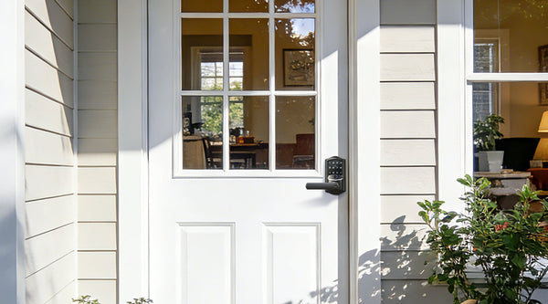 White front door with a VE029 keypad lever lockset - keypad latch lock vs deadbolt for keyless home entry