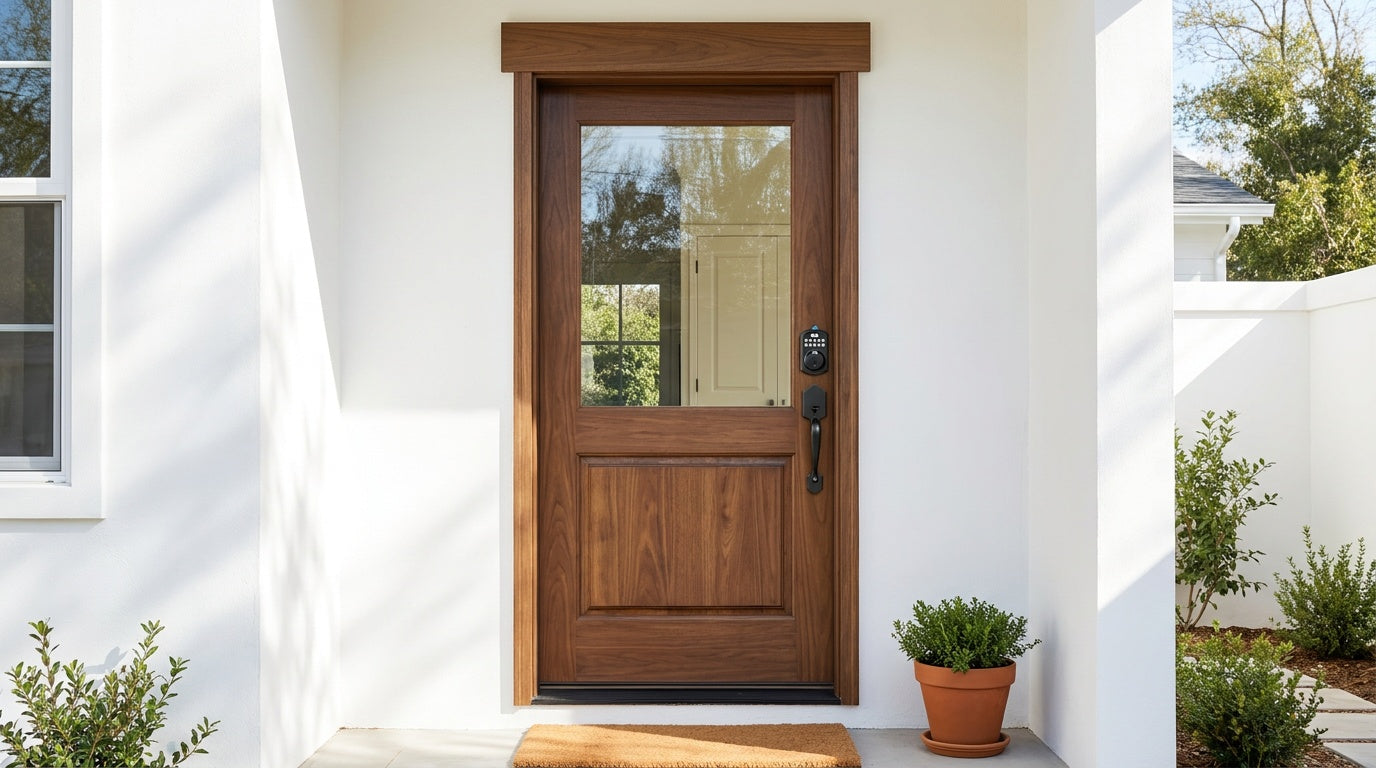 Veise keyless deadbolt with push-button keypad and grip handle on a walnut wood front door — best keyless deadbolts buyer's guide