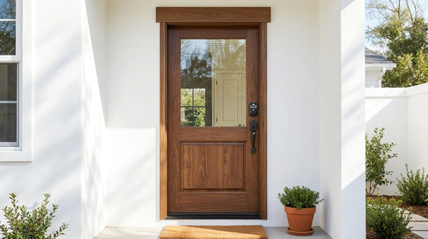 Veise keyless deadbolt with push-button keypad and grip handle on a walnut wood front door — best keyless deadbolts buyer's guide