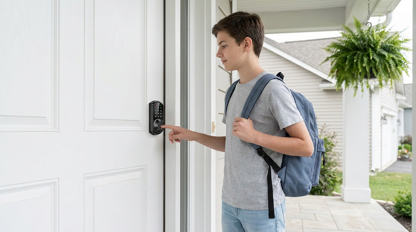 Teen pressing a fingerprint smart lock at a white front door — keyless entry and fingerprint unlock for home security