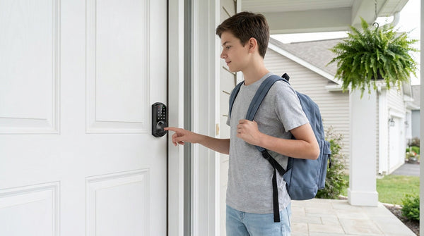 Teen pressing a fingerprint smart lock at a white front door — keyless entry and fingerprint unlock for home security