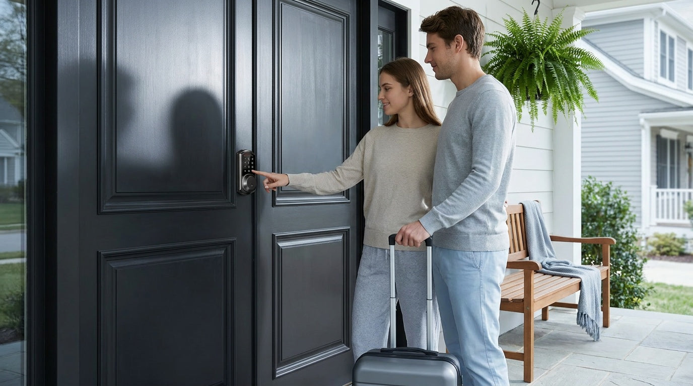 Guests entering a code on a smart lock at an Airbnb rental door — keyless entry for short-term rental hosting