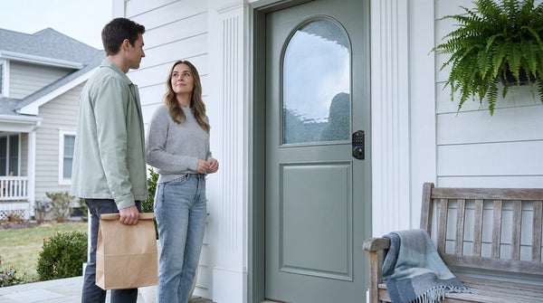 Couple using hands-free voice control with a smart lock at a grey-green front door — Alexa keyless entry security