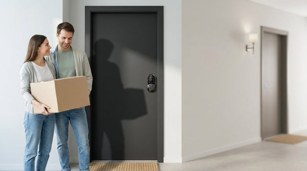 Couple moving into an apartment with a Veise fingerprint smart deadbolt on the door — renter keyless entry