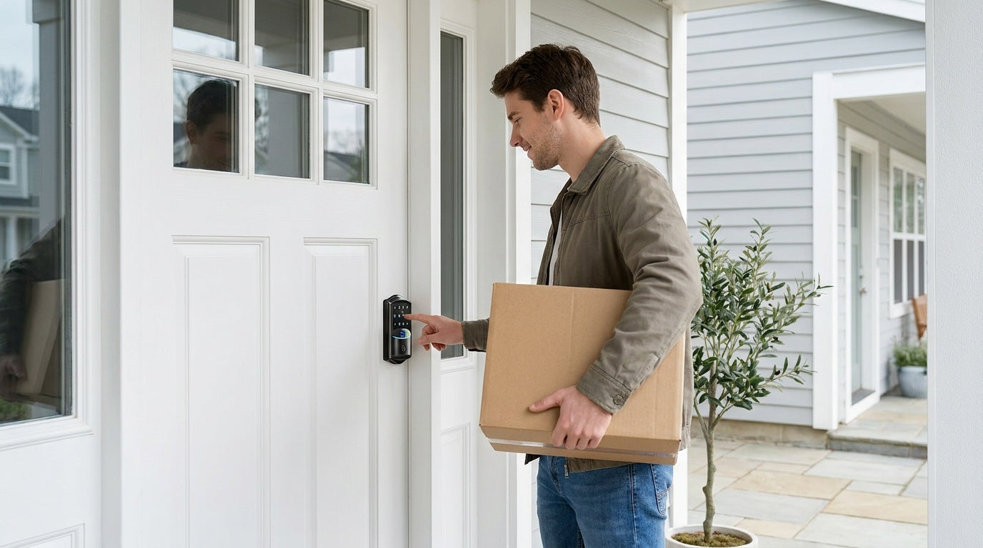Renter with a moving box entering a code on a Wi-Fi smart lock at an apartment door — keyless entry security