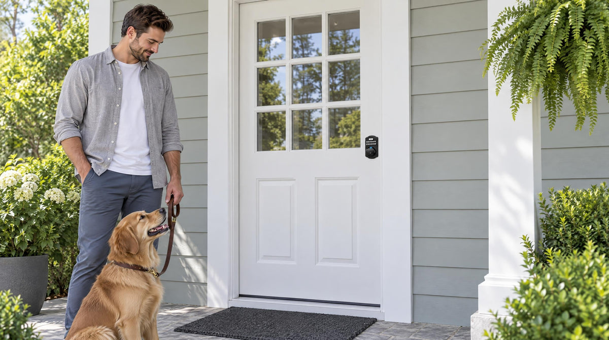 Man with a golden retriever beside a white front door with a KS02A fingerprint deadbolt - are fingerprint door locks safe
