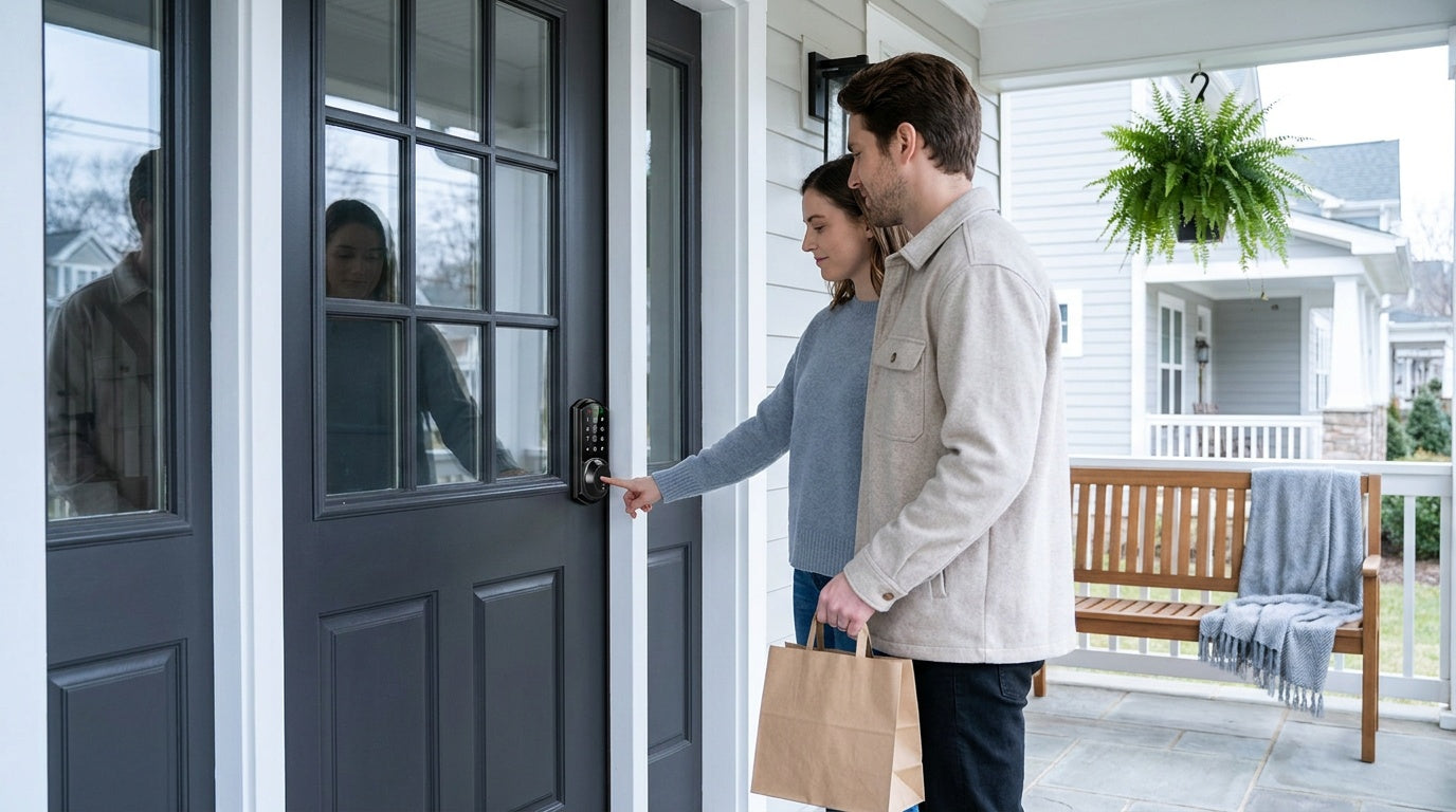 Couple using a fingerprint smart lock at a dark grey front door — safe, secure keyless entry home security
