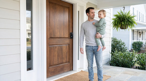 Dad holding his toddler beside a walnut door with a Veise fingerprint smart lock — keyless entry home security