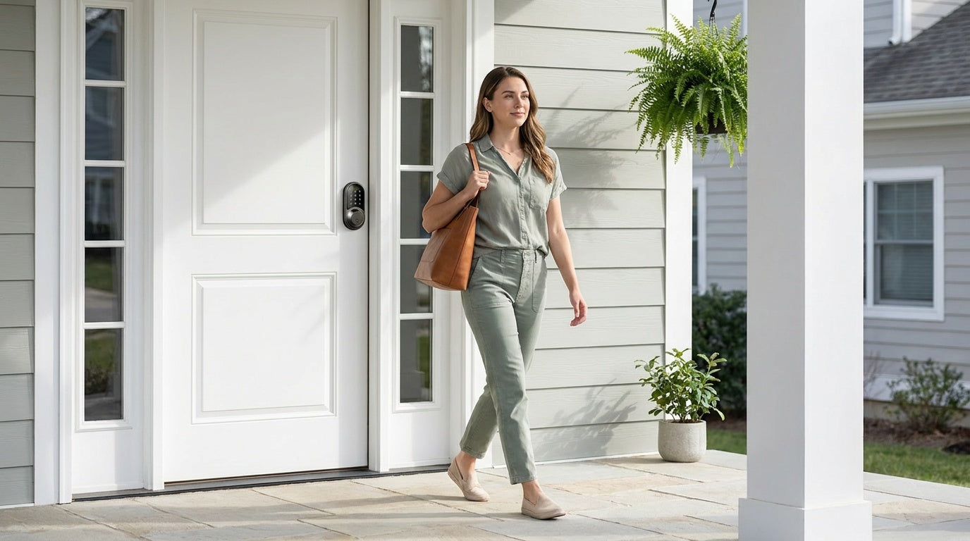 Woman leaving home as a keypad smart deadbolt auto-locks the white front door behind her — hands-free keyless entry