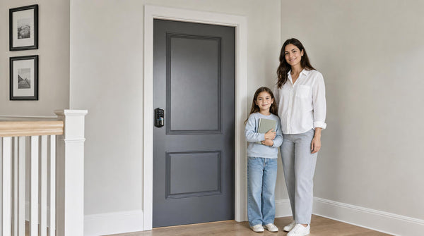 Mother and daughter at a charcoal bedroom door with a VE027 smart deadbolt - bedroom door lock for family privacy