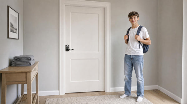 Teen at a white bedroom door with a KS04 keypad lever lock - bedroom door lock with key backup and keypad entry