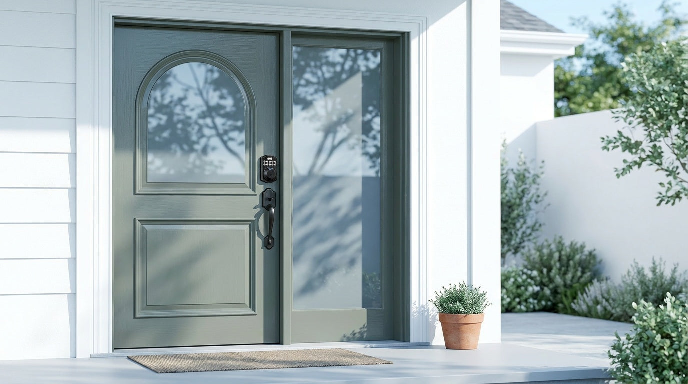 Grey-green front door with Veise Wi-Fi push-button smart lock — best budget keyless entry door lock buyer's guide