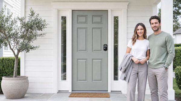 Couple at a grey-green front door with a KS02A keypad fingerprint deadbolt - the best door lock for a front door