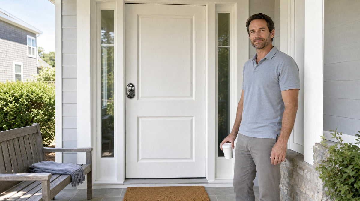 Man at a white front door with a satin nickel RZ-A keypad deadbolt - front door lock for home security