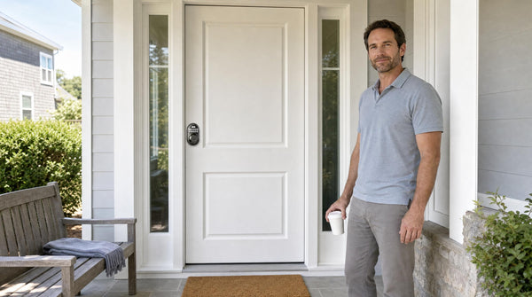 Man at a white front door with a satin nickel RZ-A keypad deadbolt - front door lock for home security