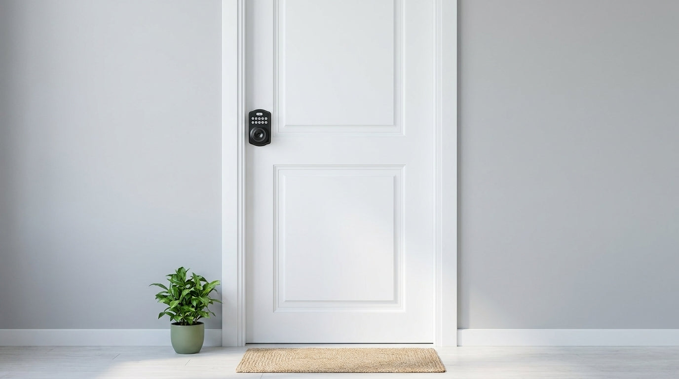 Keypad smart lock with integrated knob on a closed white wood entry door — keyless keypad entry for home and garage
