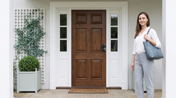 Woman at a walnut front door with a VE027 Wi-Fi keypad smart lock - best keyless door locks for home security