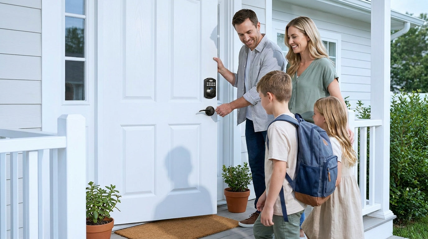Family arriving home and using a keypad fingerprint smart lock at a white front door — keyless entry for home security