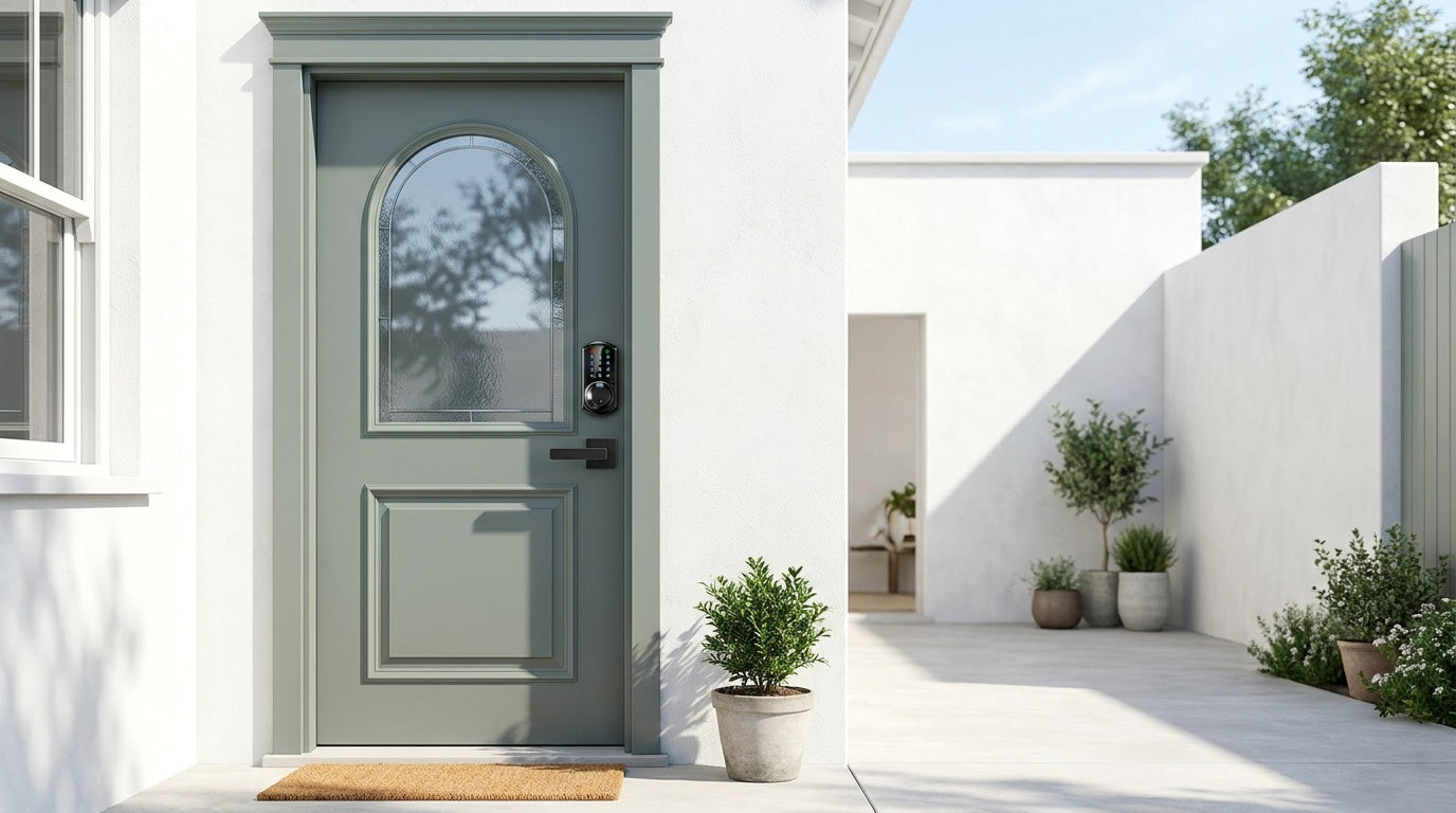 Veise keypad smart lock with fingerprint sensor and lever handle on a grey-green front door — best keypad door locks compared