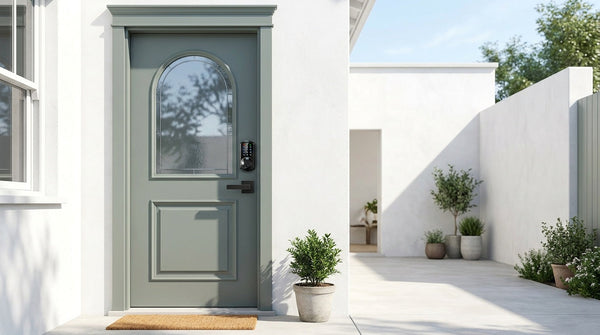 Veise keypad smart lock with fingerprint sensor and lever handle on a grey-green front door — best keypad door locks compared