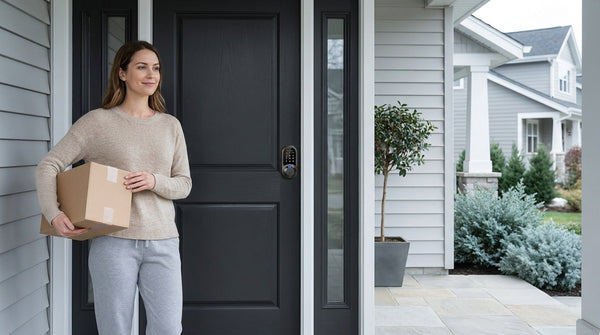 Woman with a delivery parcel at a black front door with a keypad smart lock — keyless entry and home security