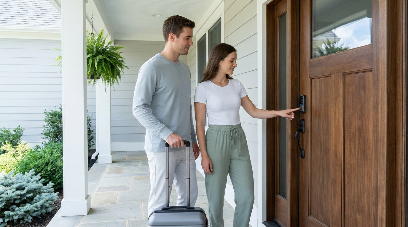 Guests entering a code on a Wi-Fi smart lock at an Airbnb front door — keyless entry for short-term rental security