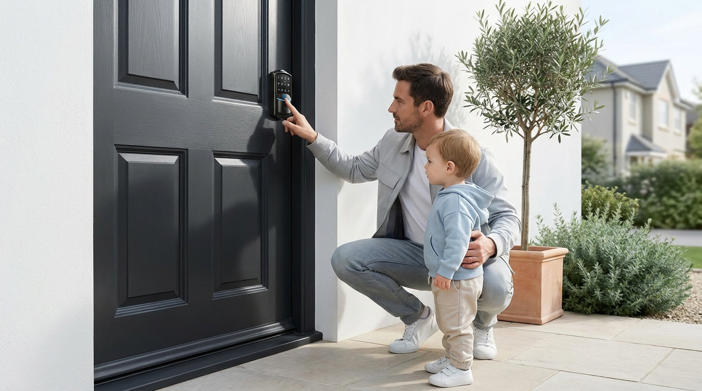 Dad and toddler using a fingerprint smart lock at a black front door — best front door smart lock keyless entry