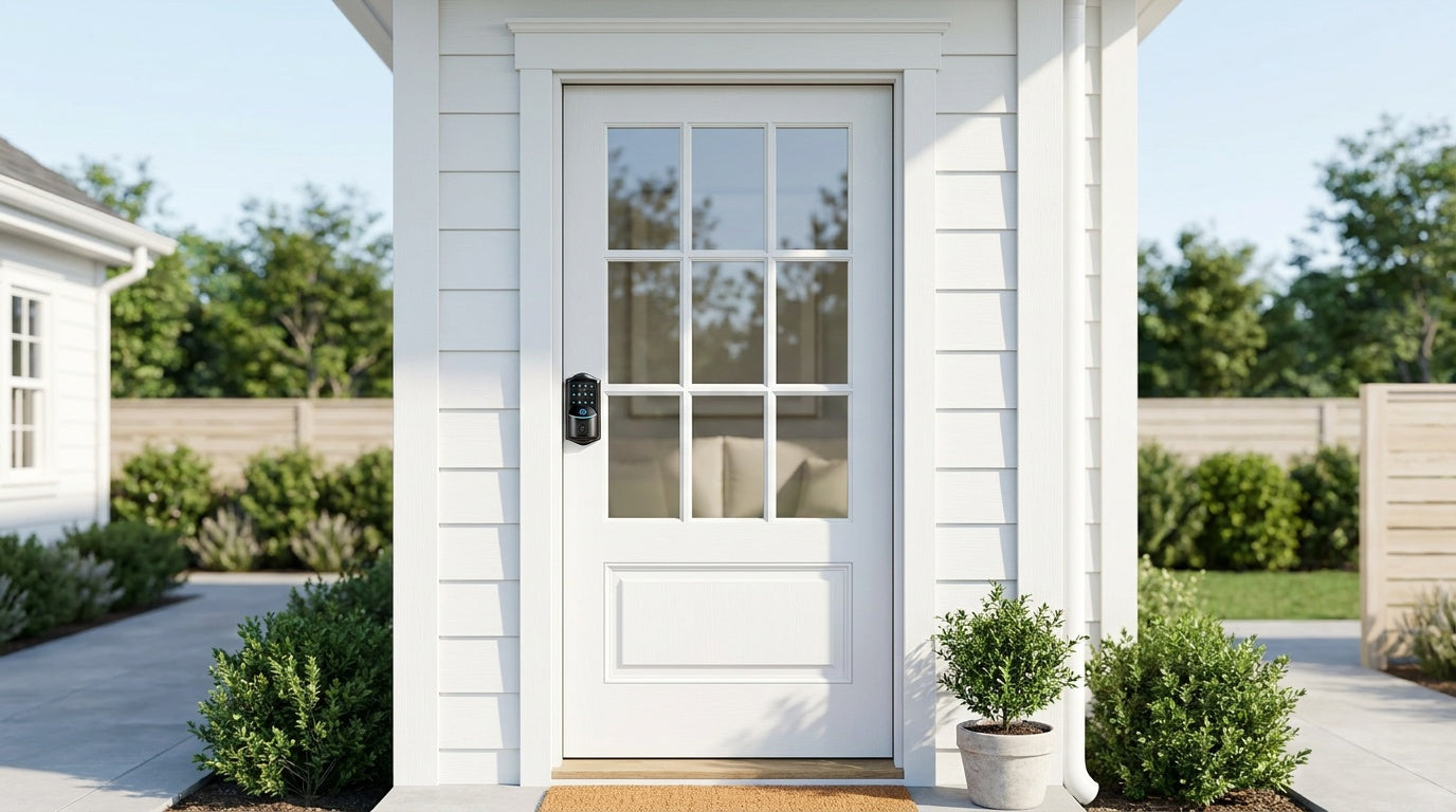 Veise biometric fingerprint smart lock on a white nine-pane glass front door — types pros and cons of biometric door locks